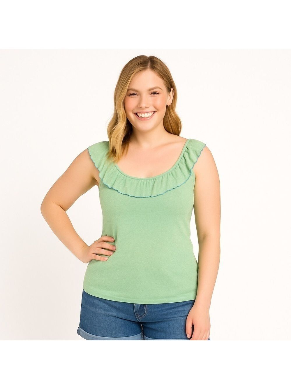MICHAEL STARS Lime Green w/ Metallic Gold Thread & Blue Trim Ruffle Tank Top
